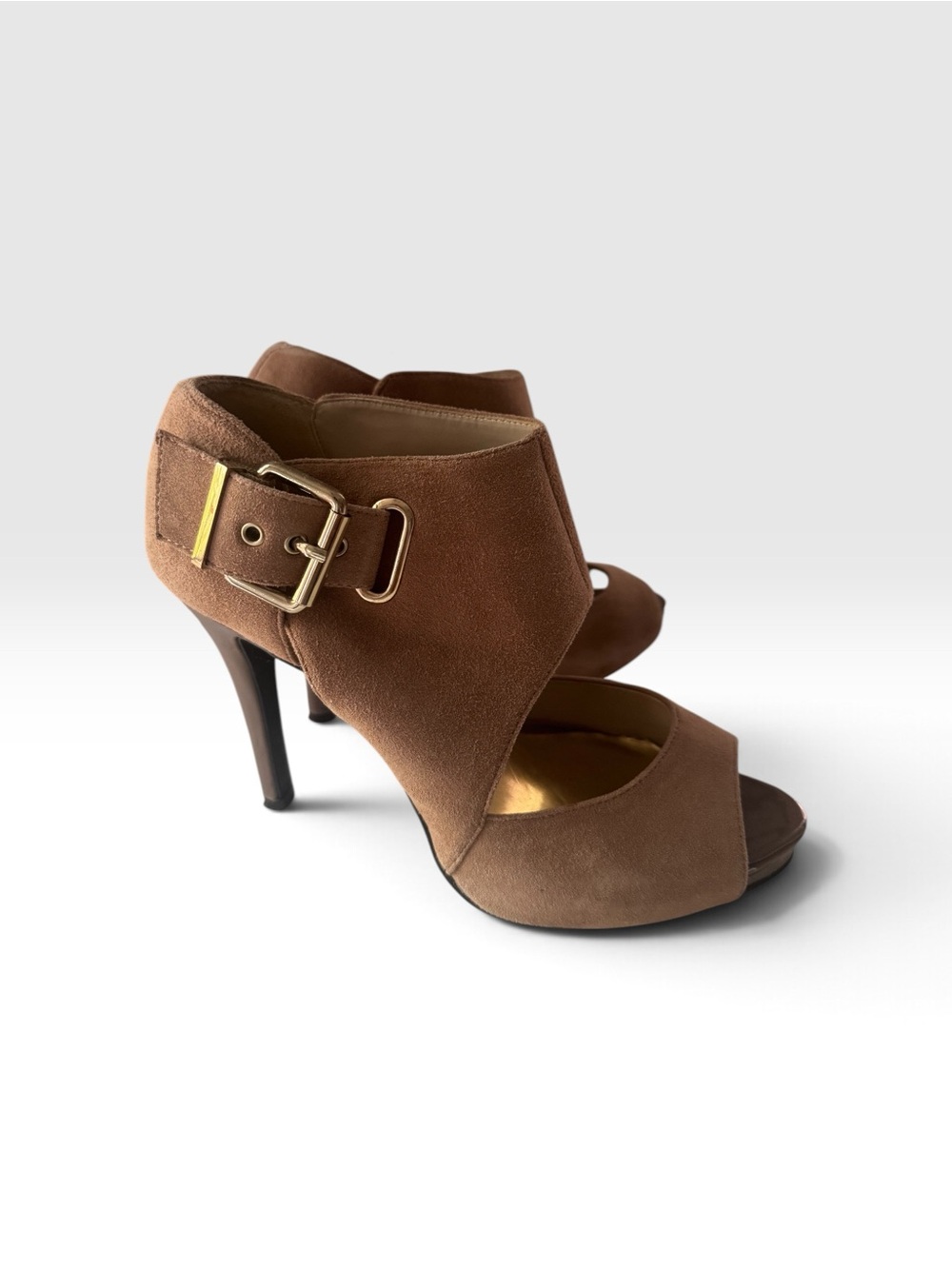 Nine West Tan Suede High Heel Sandals with Gold Buckle Accent